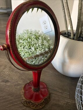 Ornate Vintage Red & Gold-tone Pedestal Tabletop Mirror